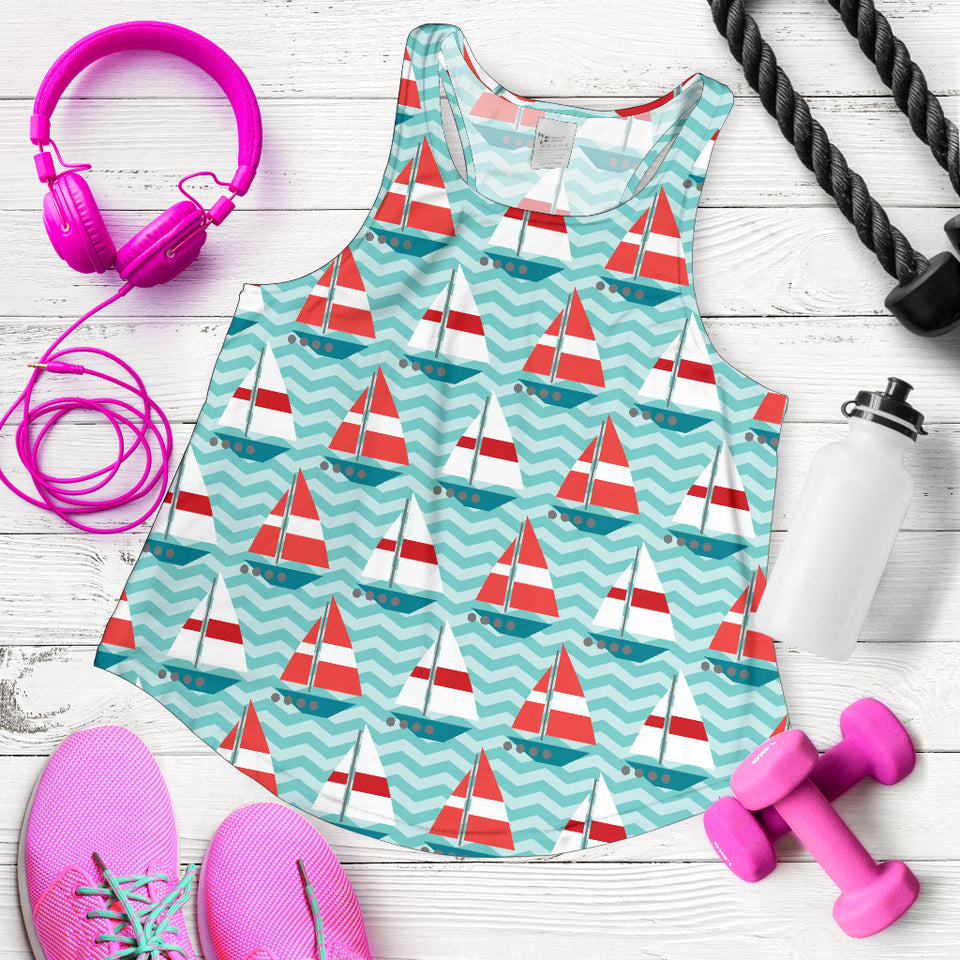 Red White sailboat wave background Women Racerback Tank Top