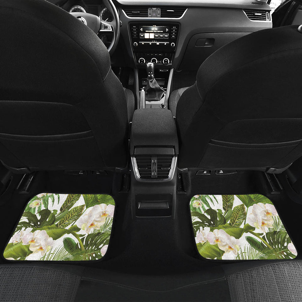 White Orchid Flower Tropical Leaves Pattern Front And Back Car Mats
