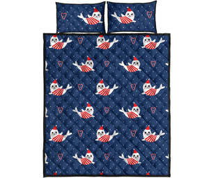 Cute sea lion seal christmas hat candy cane heart pattern Quilt Bed Set