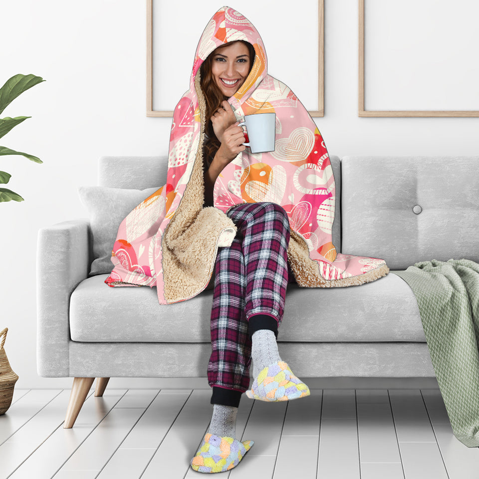 Hand Drawn Heart Design Pattern Hooded Blanket