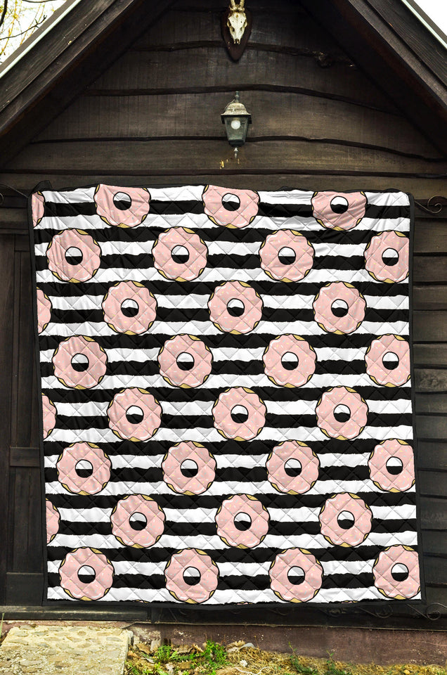 Donuts Pink Icing Striped Pattern Premium Quilt