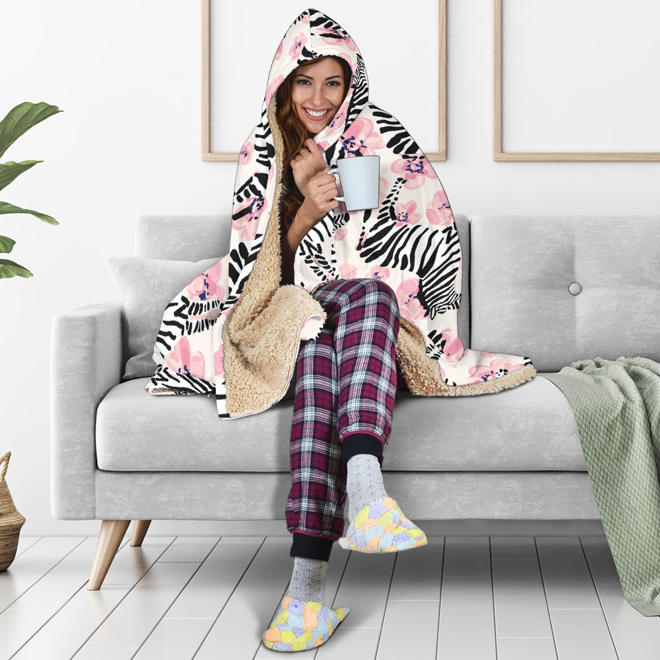 Zebra Pink Flower Background Hooded Blanket