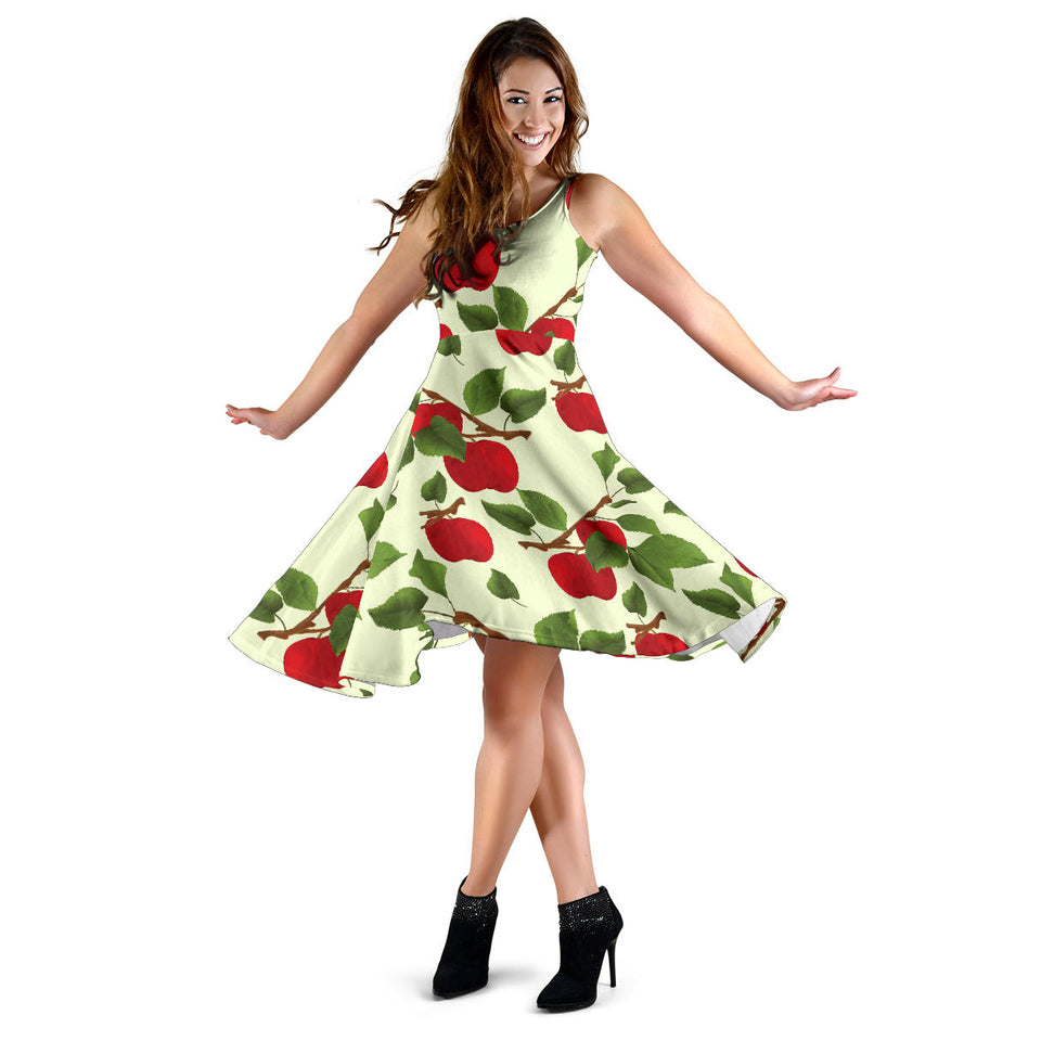Red Apples Leaves Pattern Sleeveless Midi Dress