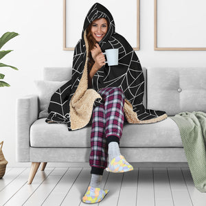 Spider Web Pattern Black Background White Cobweb Hooded Blanket