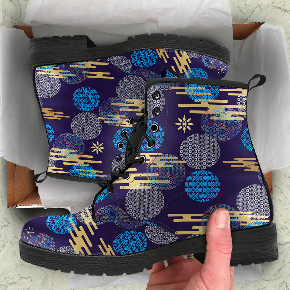 Blue Japanese Pattern Cloud Wave Flower Leather Boots