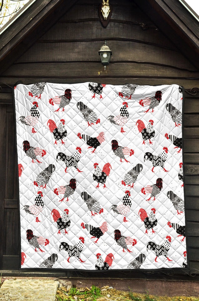 Cool Rooster Chicken Cock Floral Ornament Background Premium Quilt