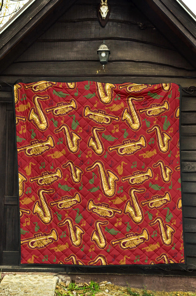 Saxophone Cornet Pattern Red Background Premium Quilt