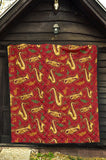 Saxophone Cornet Pattern Red Background Premium Quilt