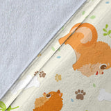 Cute Brown Pomeranian Paw Leave Bone Pattern Premium Blanket