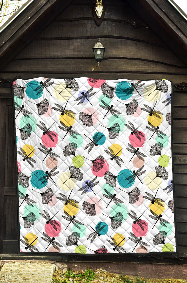 Dragonflies Ginkgo Leaves Pattern Premium Quilt