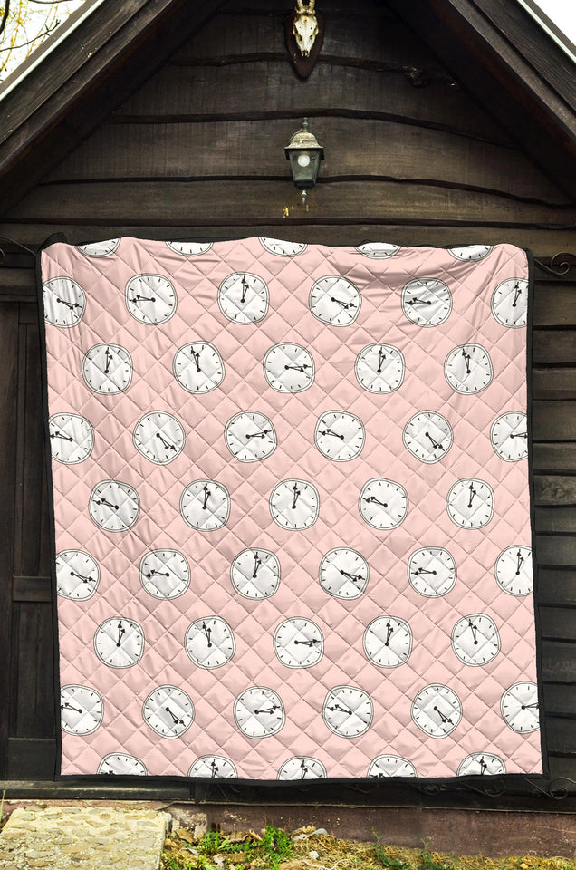 Clock Pattern Pink Blackground Premium Quilt