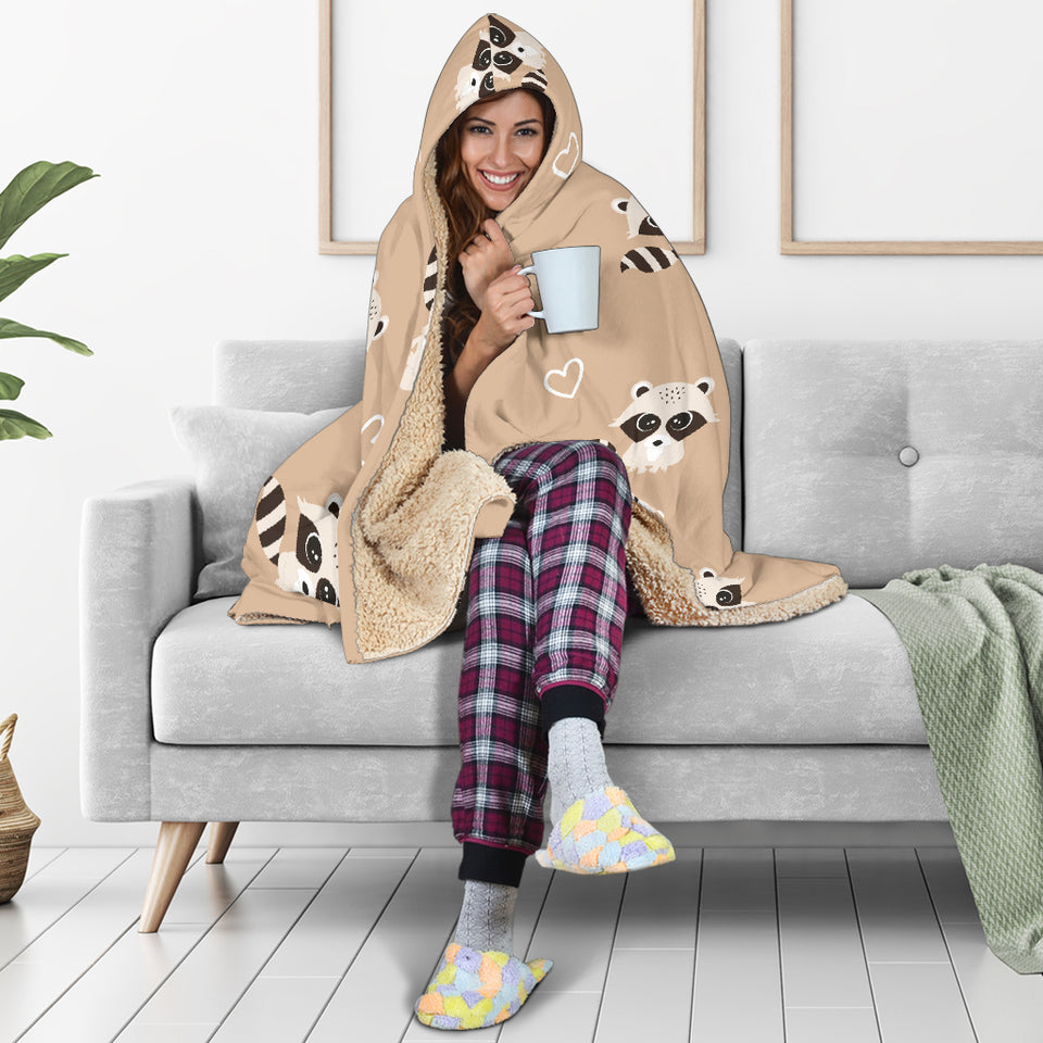 Cute Raccoon Heart Pattern Hooded Blanket