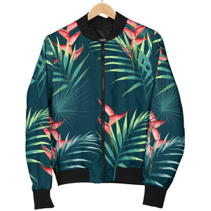 Heliconia Flowers, Palm And Monstera Leaves On Black Background Pattern Women'S Bomber Jacket