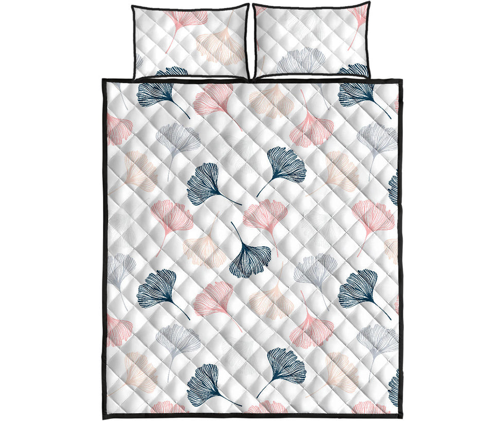 Black Gray Cream coral ginkgo leaves pattern Quilt Bed Set