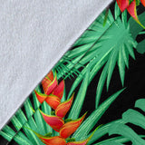 Heliconia Flower Palm Monstera Leaves Black Background Premium Blanket