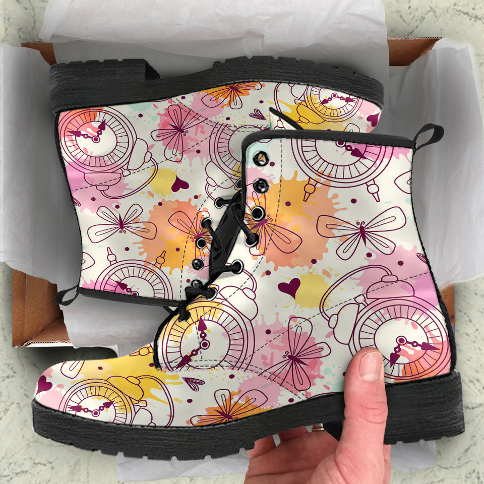 Clock Butterfly Pattern Leather Boots