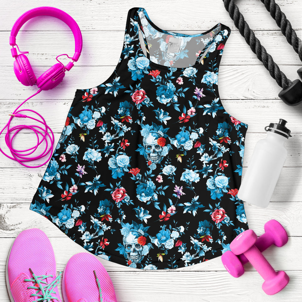 Skull flower roses leave pattern Women Racerback Tank Top