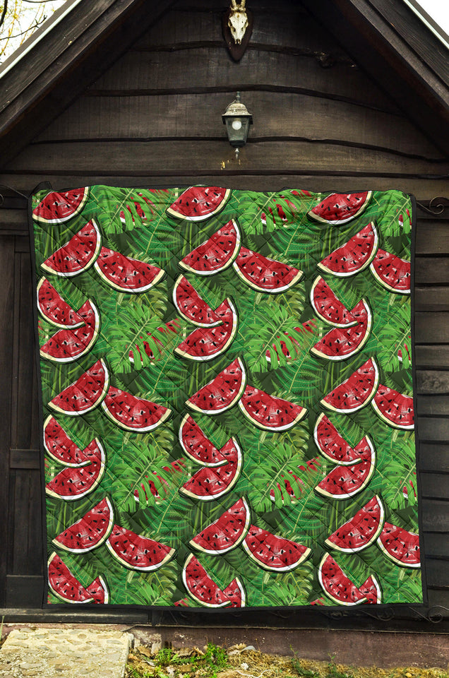 Watermelons Tropical Palm Leaves Pattern Background Premium Quilt