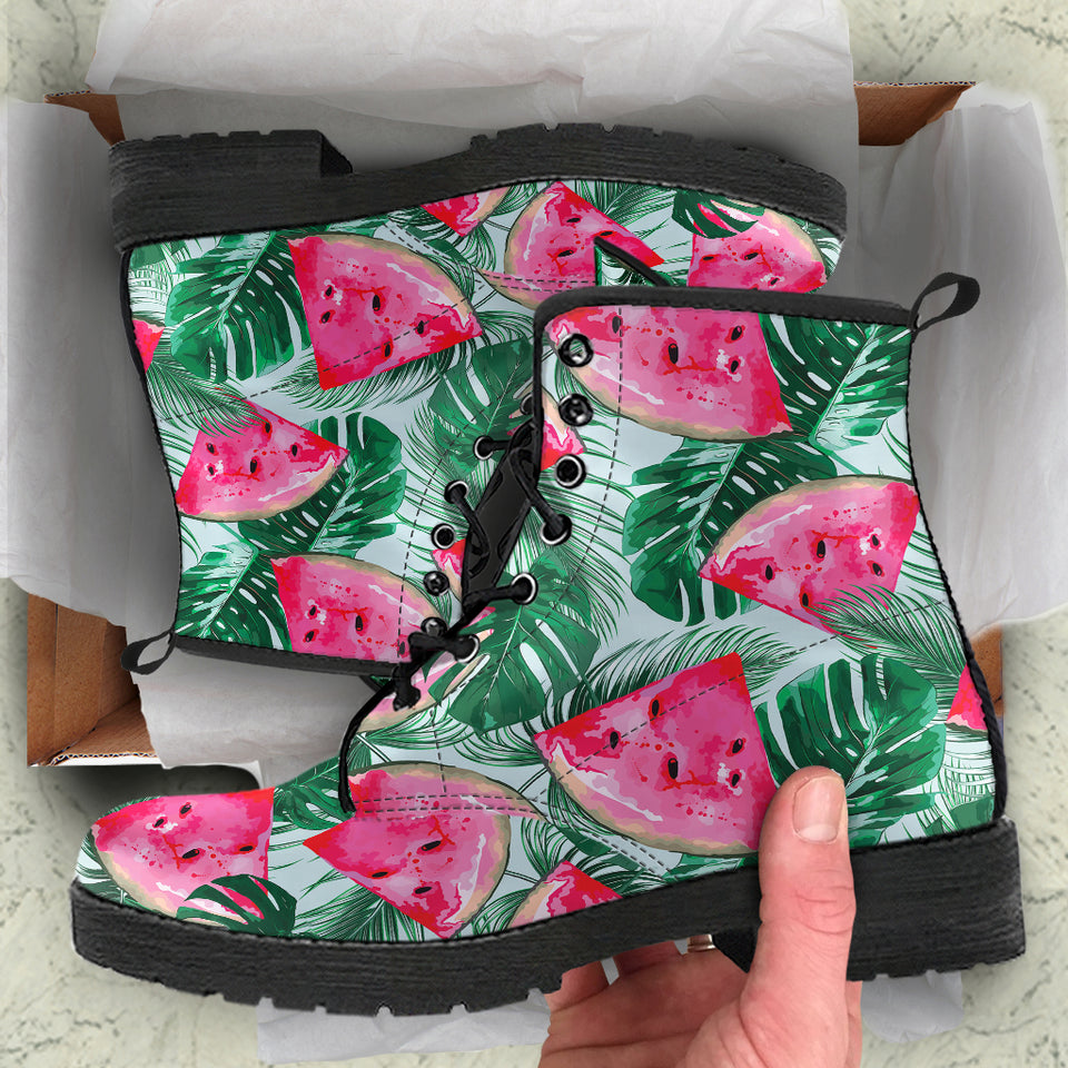 Watermelons Tropical Palm Leaves Pattern Leather Boots