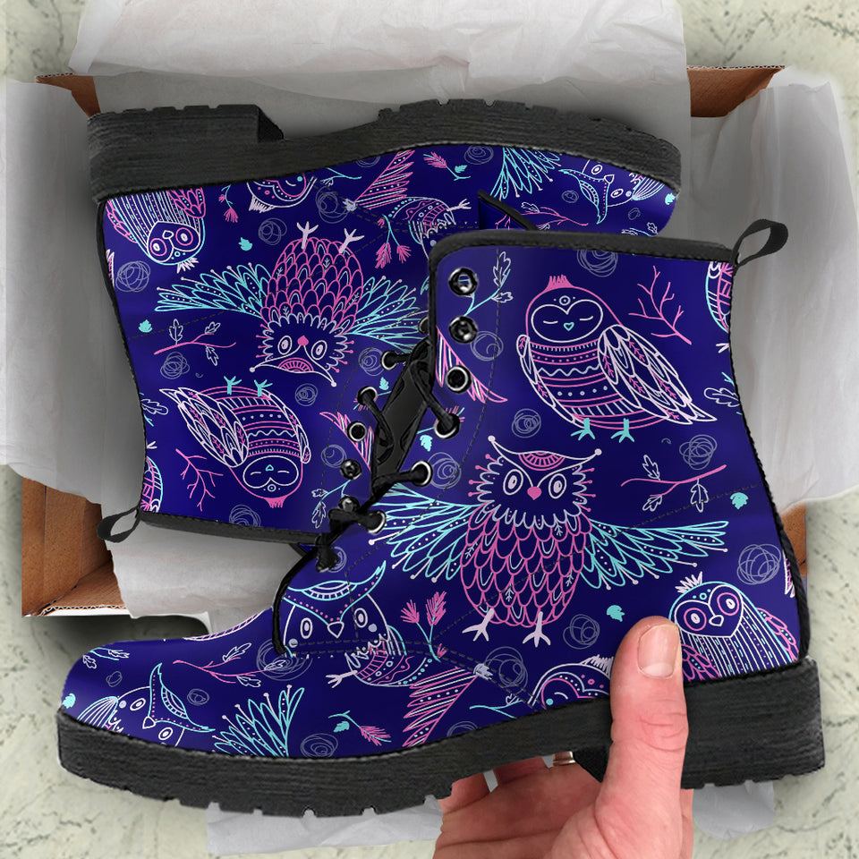Cute Owls Pattern Boho Style Ornament Leather Boots