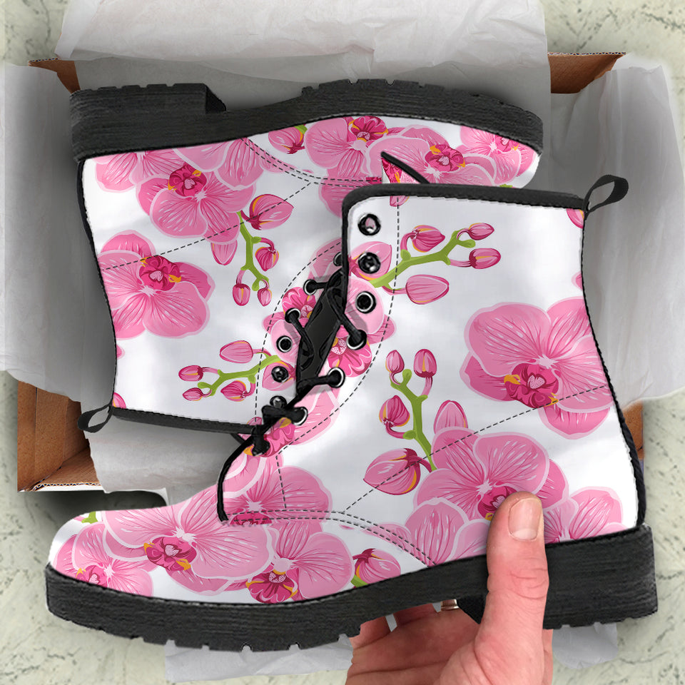 Pink Purple Orchid Pattern Background Leather Boots