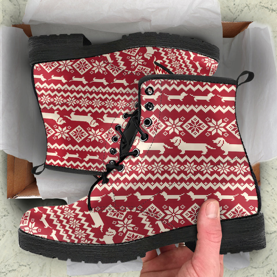Dachshund Nordic Pattern Leather Boots