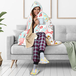 Maneki Neko Lucky Cat Fan Sakura Hooded Blanket