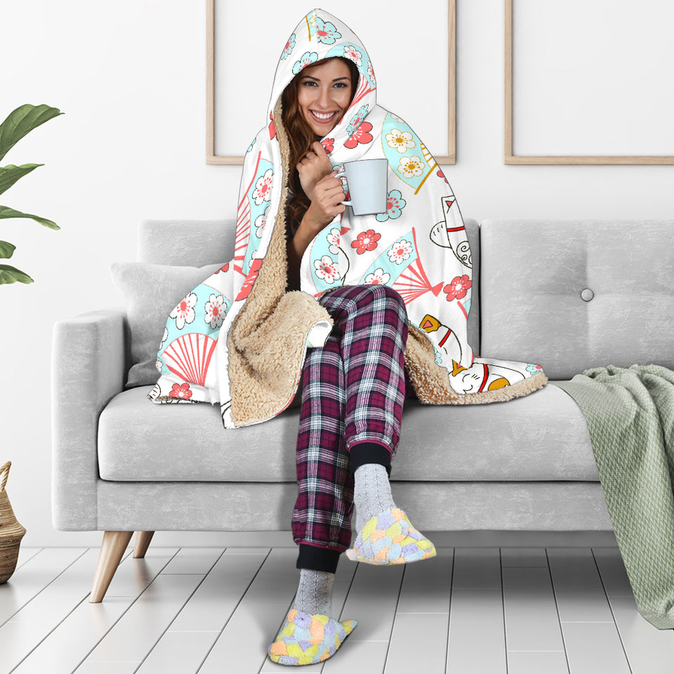 Maneki Neko Lucky Cat Fan Sakura Hooded Blanket