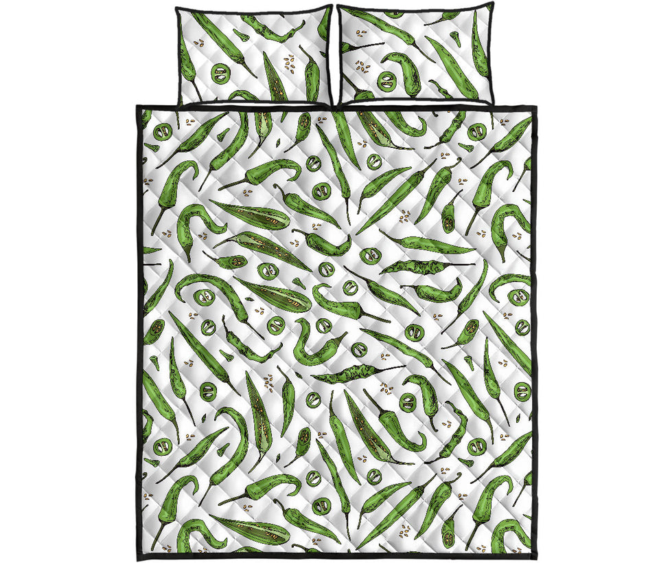 Hand drawn sketch style green Chili peppers pattern Quilt Bed Set