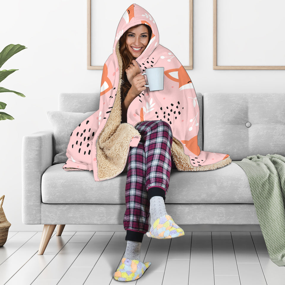 Cute Fox Pattern Pink Background Hooded Blanket