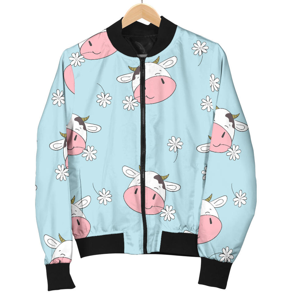 Cute Cow Flower Pattern Women'S Bomber Jacket