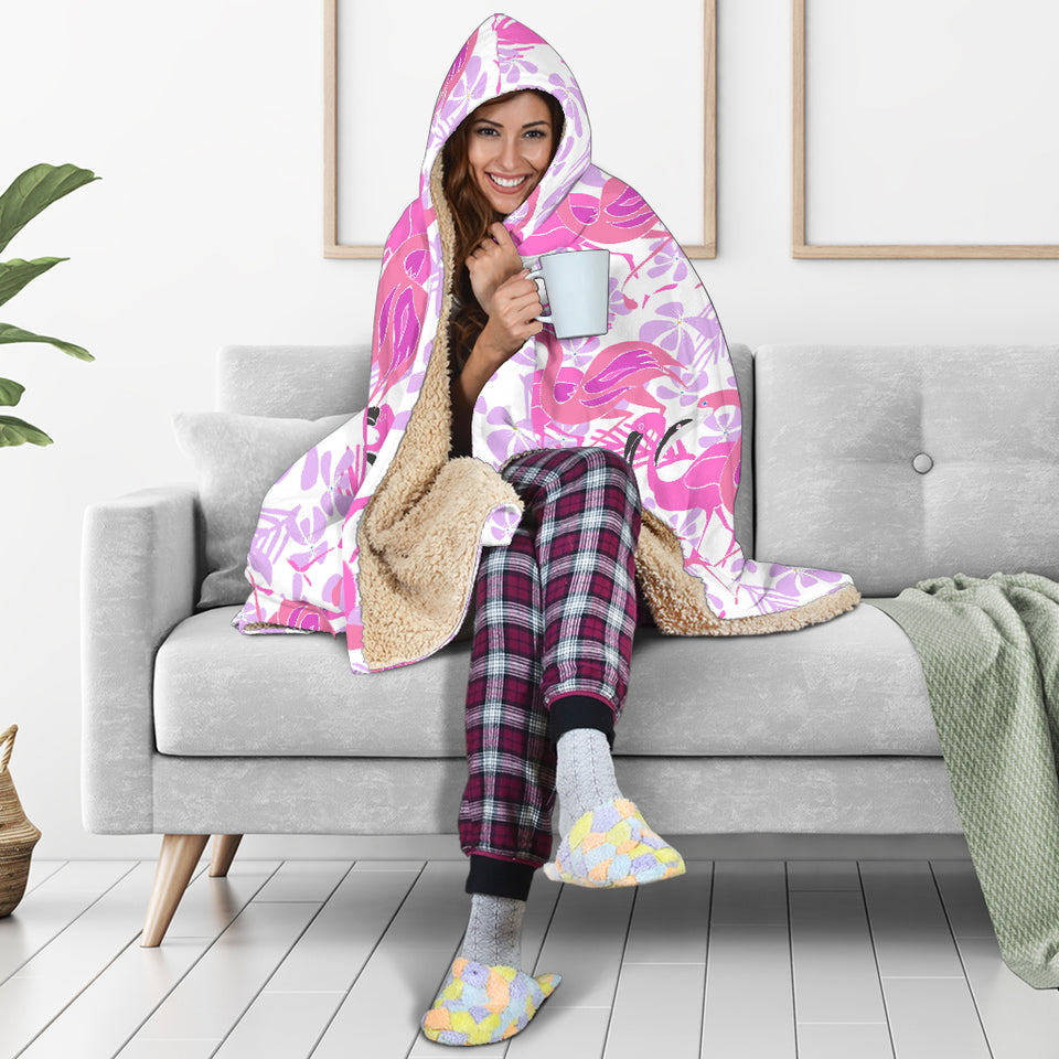Pink Flamingo Flower Pattern Hooded Blanket