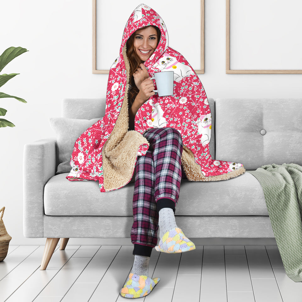 Maneki Neko Lucky Cat Sakura Pink Background Hooded Blanket