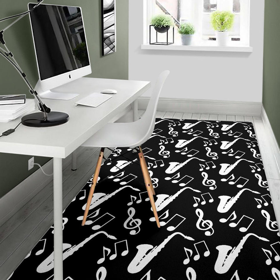 Saxophone Music Notes Treble Clef Black White Theme Area Rug