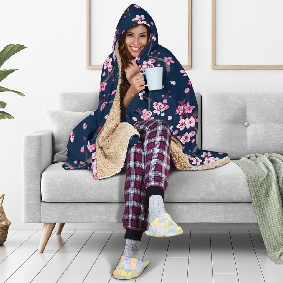 Pink Sakura Cherry Blossom Blue Background Hooded Blanket