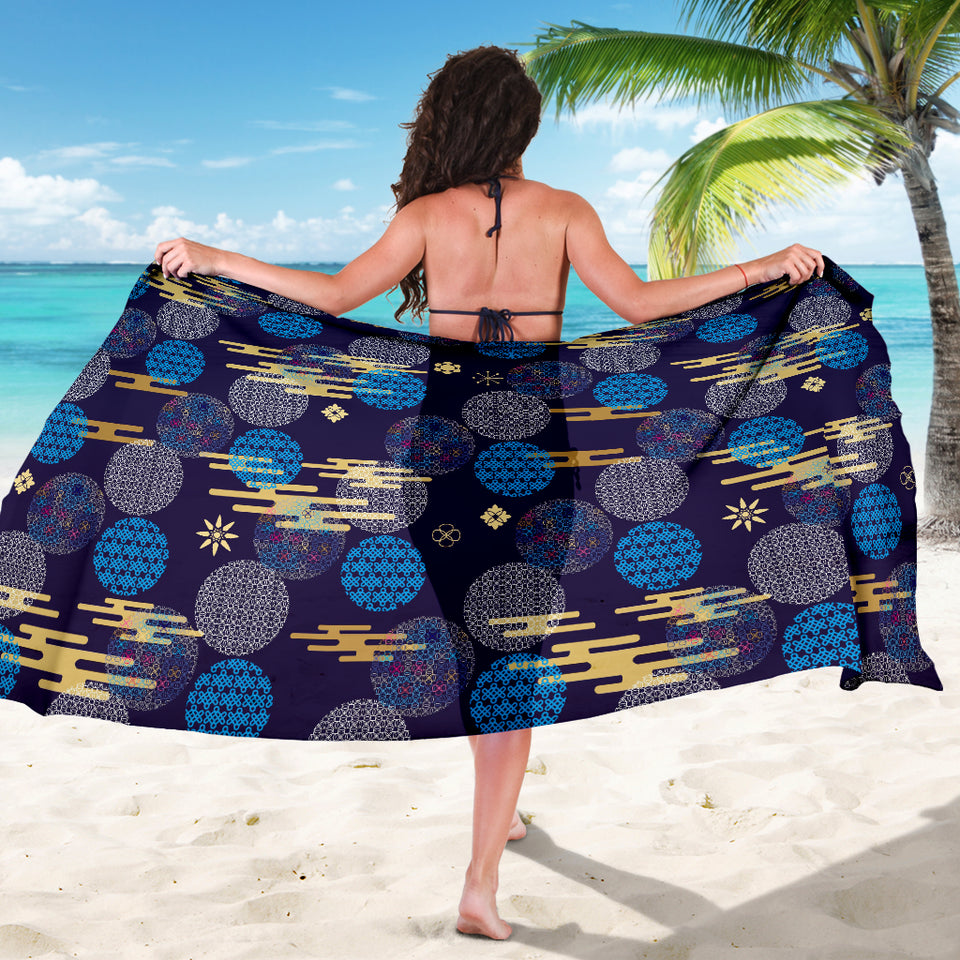 Blue Japanese Pattern Cloud Wave Flower Sarong
