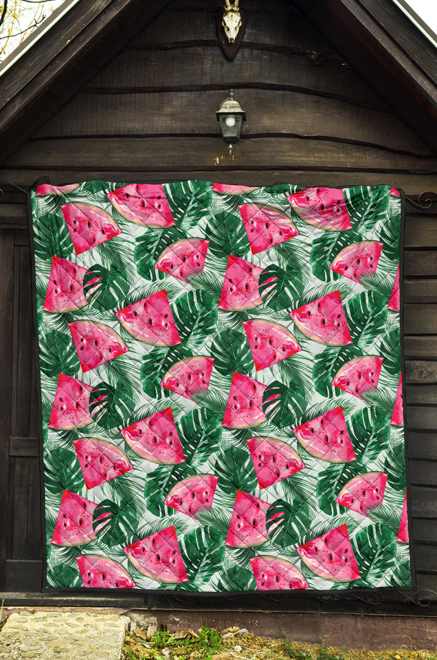 Watermelons Tropical Palm Leaves Pattern Premium Quilt