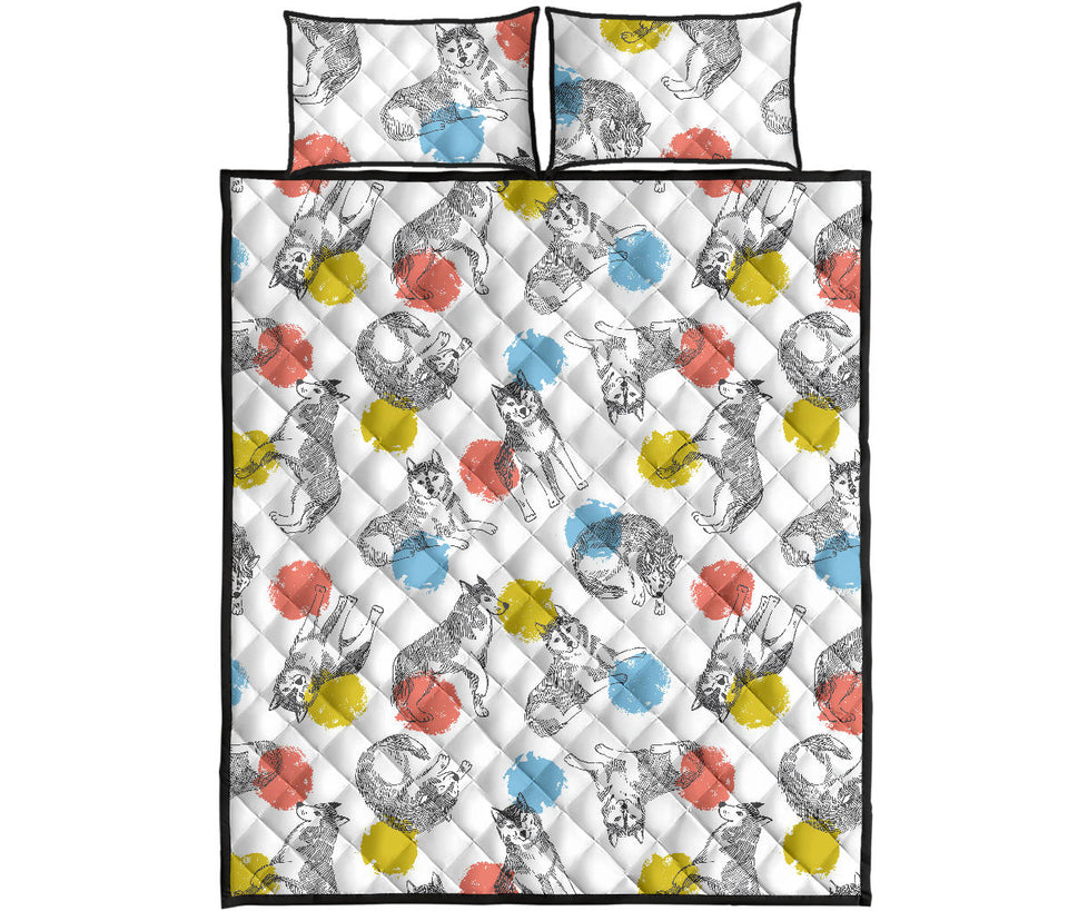 Siberian husky and colorful circle pattern Quilt Bed Set