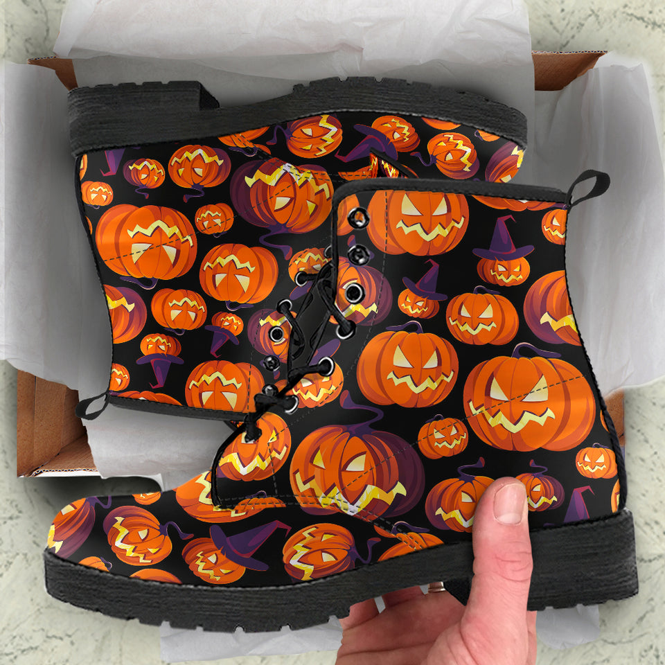 Halloween Pumpkin Pattern Leather Boots