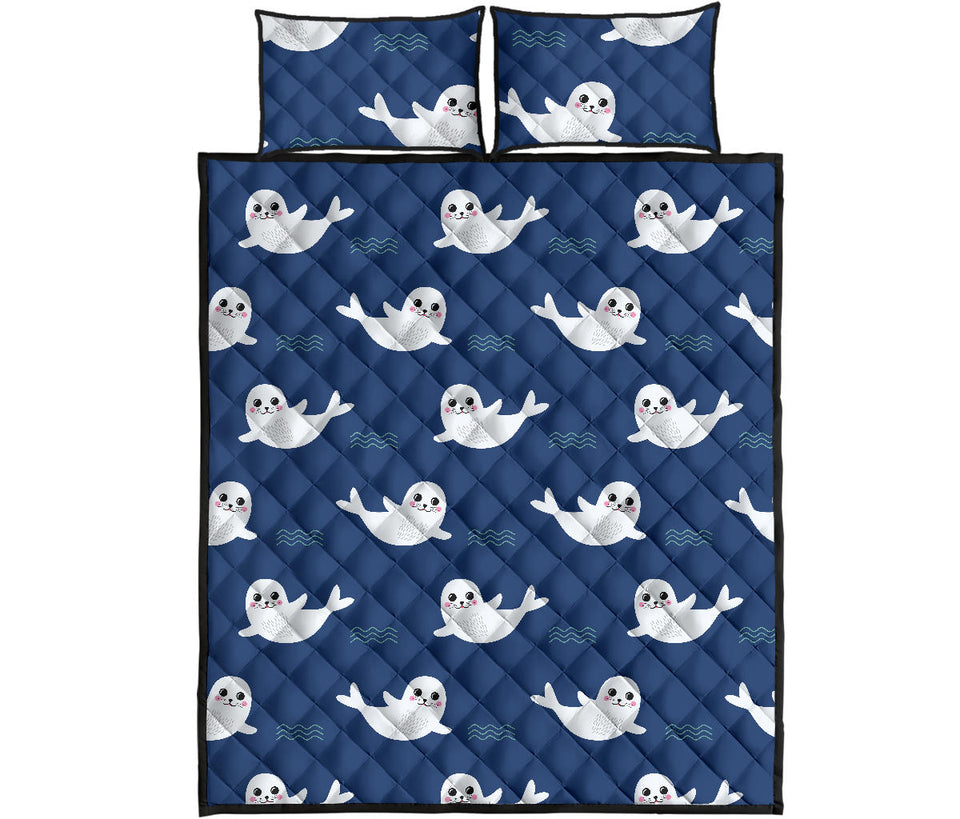 Cute white baby sea lion seal pattern Quilt Bed Set