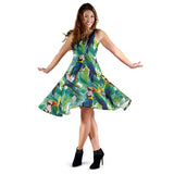 Colorful Parrot Exotic Flower Leaves Sleeveless Midi Dress