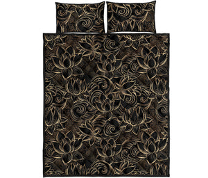 luxurious gold lotus waterlily black background Quilt Bed Set