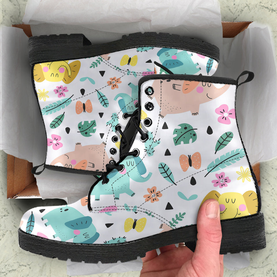 Cute Elephants Palm Tree Flower Butterfly Pattern Leather Boots