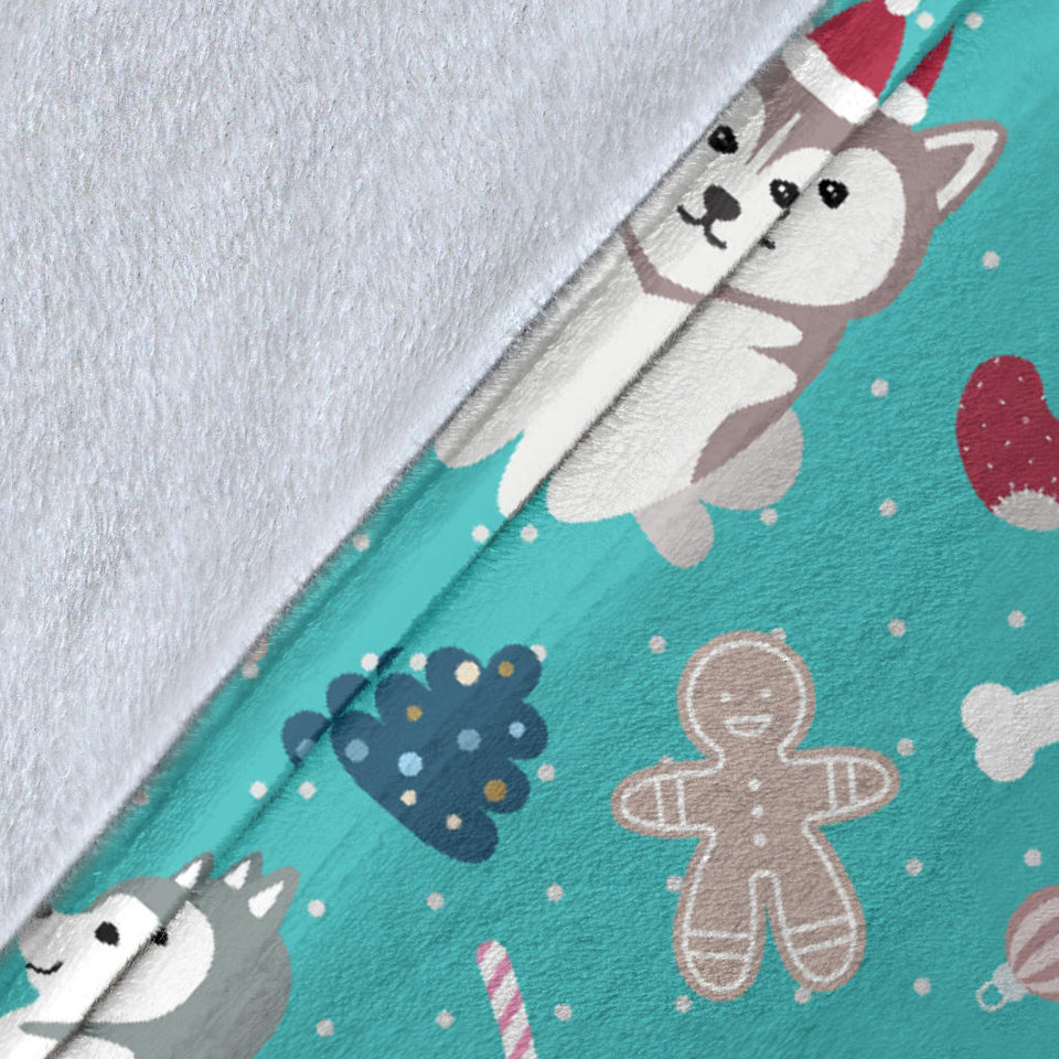 Christmas Cute Siberian Husky Puppie Pattern Premium Blanket