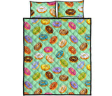 Colorful donut pattern green background Quilt Bed Set
