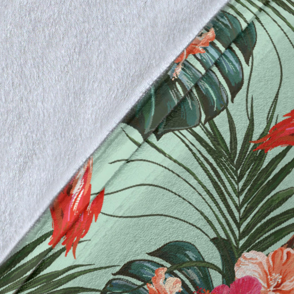 Beautiful Flamingo Tropical Palm Leaves Hibiscus Pateern Background Premium Blanket