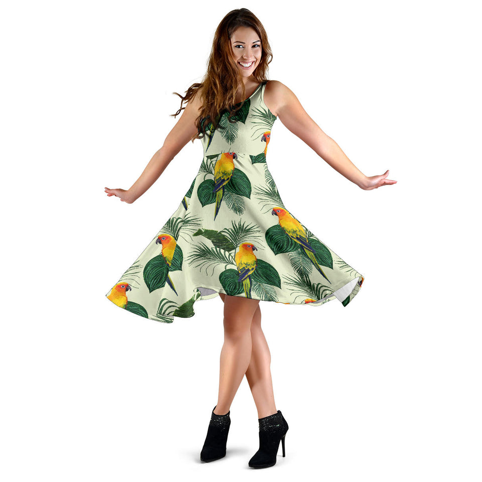 Beautiful Parrot Palm Leaves Pattern Sleeveless Midi Dress