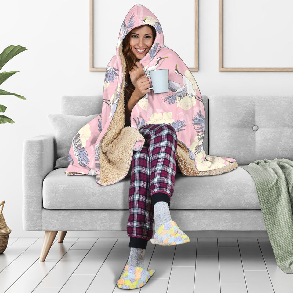 Japanese Crane Rose Pattern Hooded Blanket