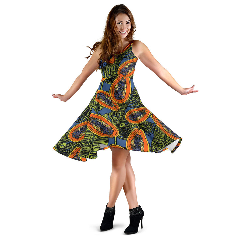 Colorful Papaya Tropical Leaves Sleeveless Midi Dress