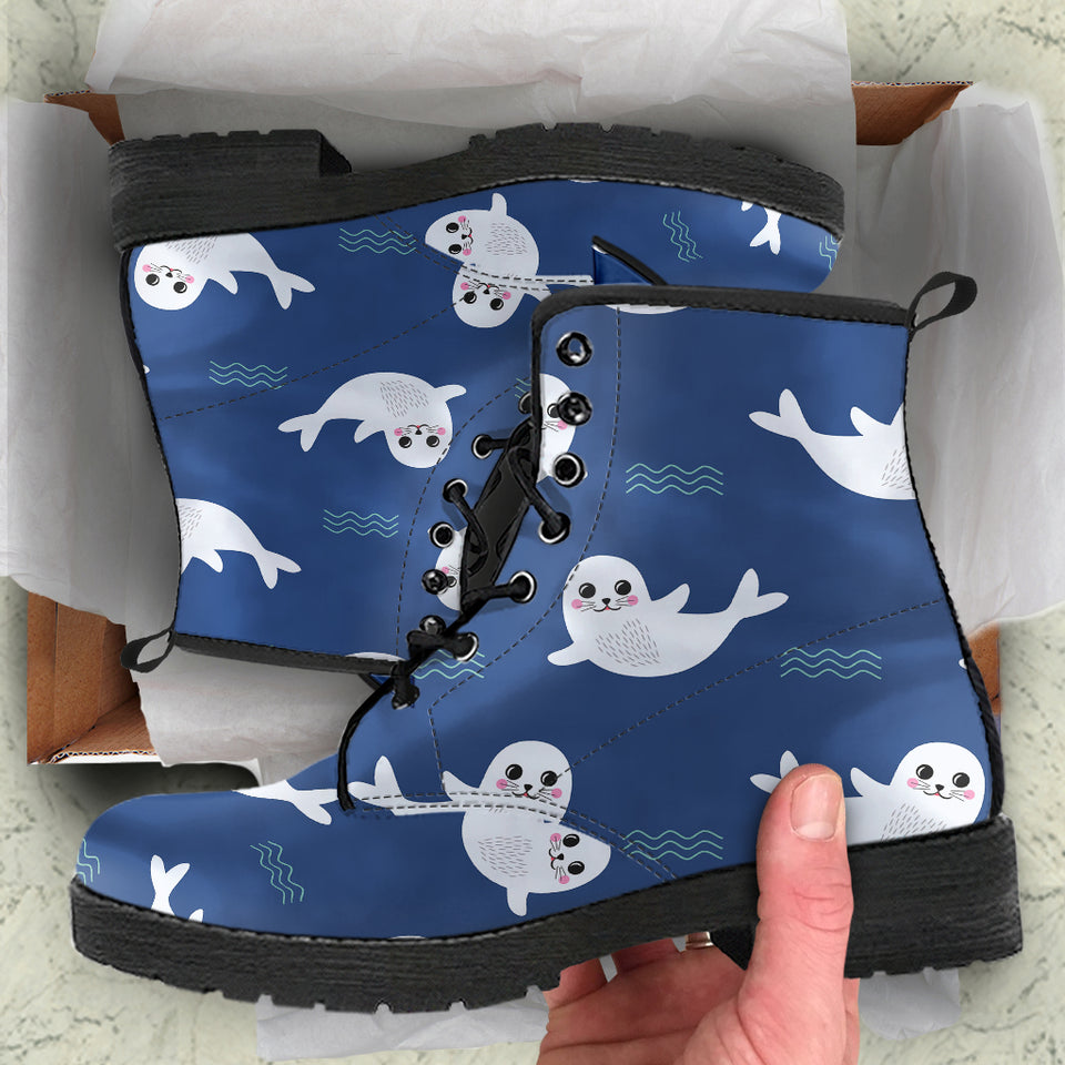 Cute White Baby Sea Lion Seal Pattern Leather Boots